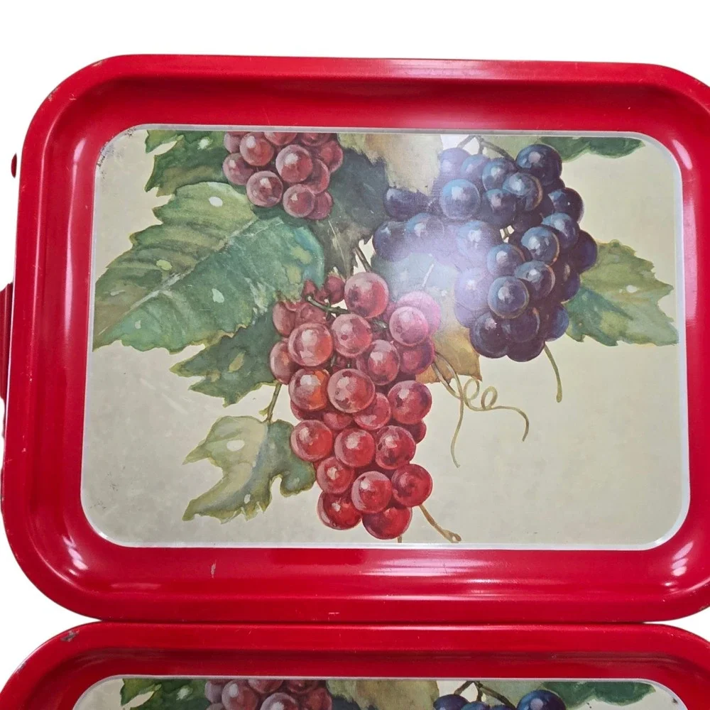 Vintage Metal Serving Trays Red Trim W/Grapes Design 10.5